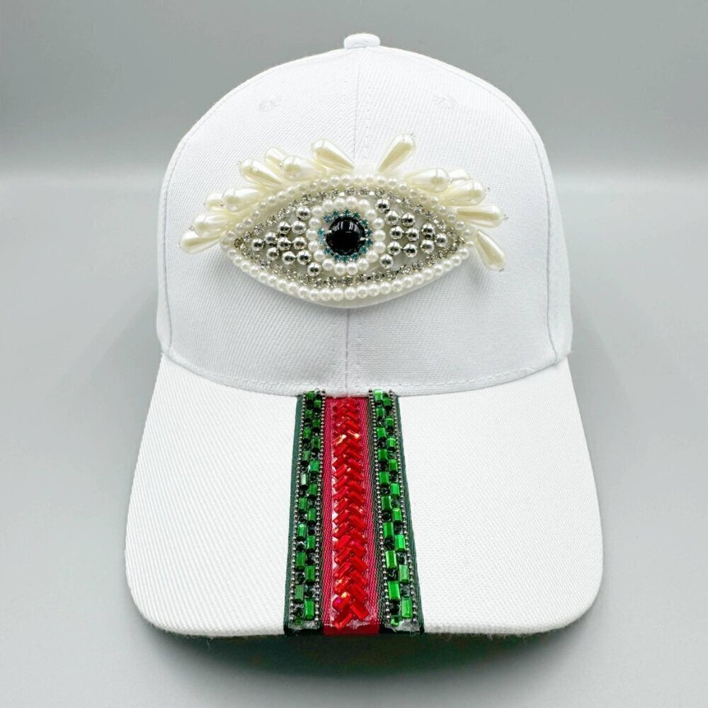 Evil Eye Pearl Rhinestone Striped Baseball Cap